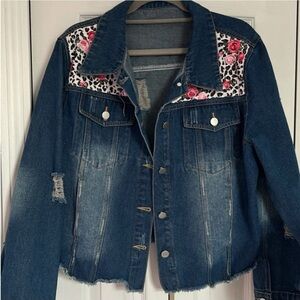 Denim Jacket with Floral and Leopard Print